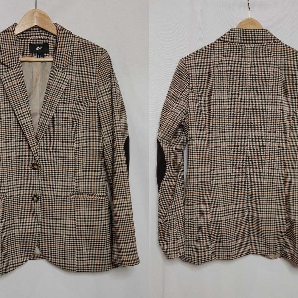 H&M Plaid Blazer Jacket Two Button Front Brown Black Tan Elbow Patches Size 12